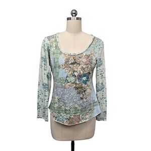 Sundance Womens Blue Floral Embroidered Beaded Patchwork Long Sleeve Top Small